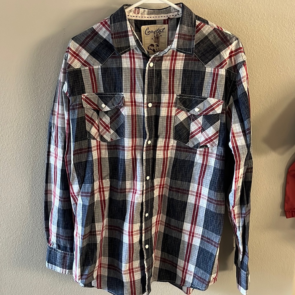 Costal XLarge Mens Long Sleeve Shirt  Pearl Snap Buttons Blue,red, white Costa